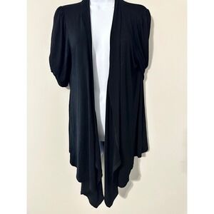 Storm Black Open Front Duster Cardigan Short‎ Sleeve Waterfall Hem Womens